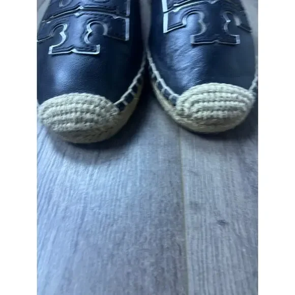 Tory Burch Espadrille Flats Black Leather Logo Size 8.5 Casual Slip On - Picture 4 of 6